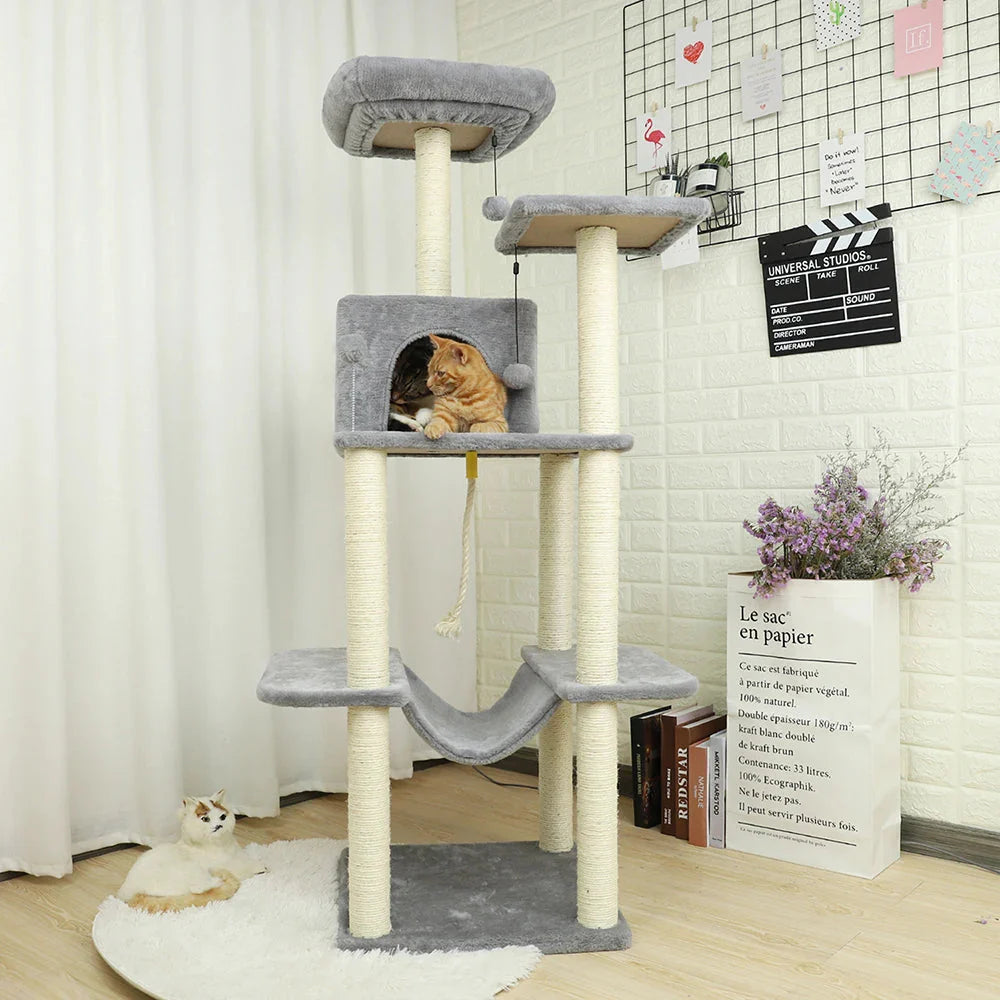 Luxury Cat Tower with Double Condos and Spacious Perch - Fully Wrapped Scratching Sisal Post